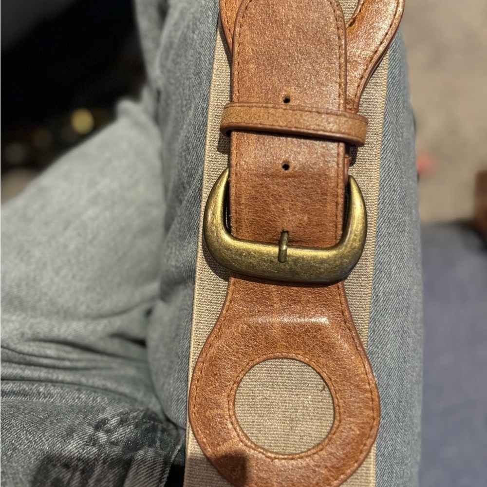 French connection Tan leather and fabric belt with muted gold hardware
